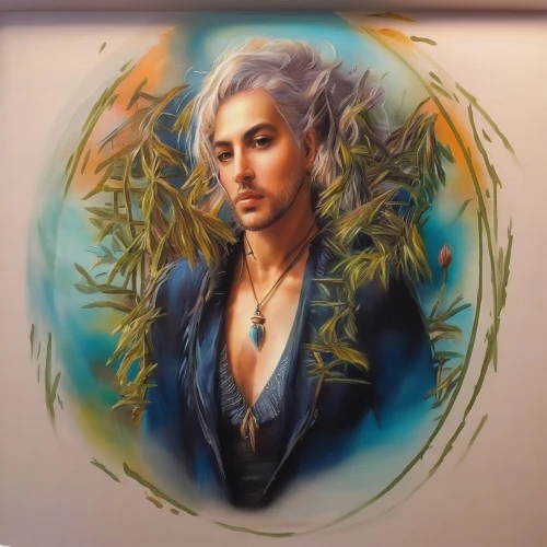 fantasy portrait,lokportrait,glass painting,wall art,wall decoration,male elf,fantasy art,art bard,cg artwork,aquaman,art,elven,art painting,oil on canvas,oil painting on canvas,custom portrait,chalk drawing,wall decor,leonardo devinci,work of art,Illustration,Paper based,Paper Based 04