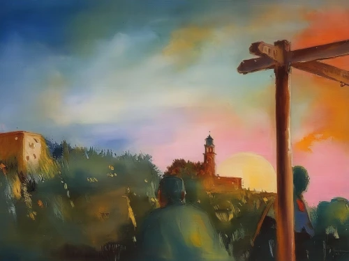 church painting,the cross,oil on canvas,jesus cross,windmill,church bells,way of the cross,oil painting,church bell,high cross,oil painting on canvas,cross,crosses,wayside cross,the crucifixion,jesus christ and the cross,lamplighter,jesus on the cross,easter bell,celtic cross,Illustration,Paper based,Paper Based 04