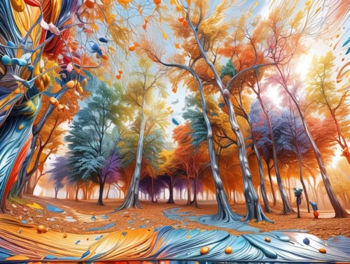 autumn forest,autumn landscape,forest landscape,colorful tree of life,autumn trees,tree grove,autumn background,psychedelic art,deciduous forest,autumn scenery,art painting,fall landscape,autumn tree,forest of dreams,copse,tree canopy,autumn park,forest glade,beech trees,mixed forest