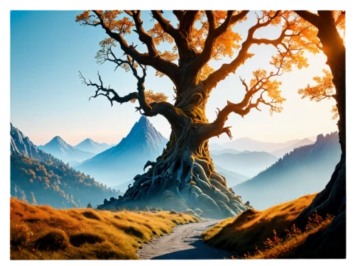 isolated tree,lone tree,landscape background,larch tree,larch forests,flourishing tree,mountain scene,larch trees,fantasy landscape,background vector,mountain landscape,the roots of trees,celtic tree,world digital painting,watercolor tree,rowan-tree,painted tree,old tree,old gnarled oak,gnarled,Illustration,Paper based,Paper Based 06