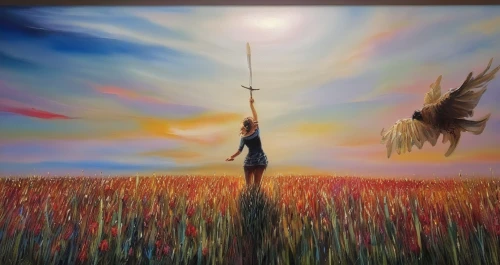 world digital painting,scythe,wheat field,fantasy picture,wheat fields,indigenous painting,fantasy art,cattails,unicorn background,strands of wheat,harp of falcon eastern,art painting,art background,flying seeds,don quixote,bird painting,fields of wind turbines,wheat crops,the windmills,migration,Illustration,Paper based,Paper Based 04