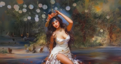 water nymph,girl on the river,fantasy picture,fantasy art,faerie,world digital painting,mermaid background,dryad,the blonde in the river,sorceress,ballerina in the woods,the enchantress,belly dance,rusalka,the sea maid,fairy queen,photo painting,art painting,water lotus,faery,Illustration,Paper based,Paper Based 04