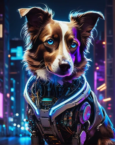 cyberpunk,rocket raccoon,nova,guardians of the galaxy,star-lord peter jason quill,companion dog,cg artwork,corgi,police dog,scifi,welschcorgi,sci fiction illustration,australian shepherd,laika,cyber,rocket,working dog,city ​​portrait,canine,microchip,Illustration,Paper based,Paper Based 13