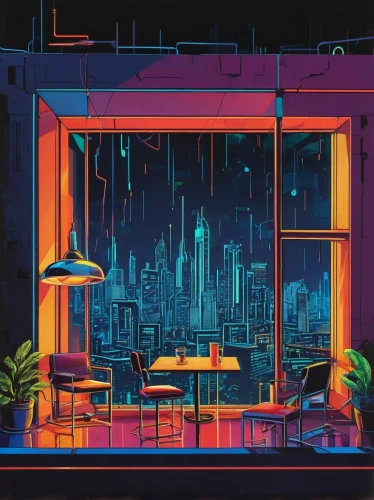 neon coffee,neon drinks,cityscape,diner,neon light,neon tea,retro diner,neon,neon lights,neon cocktails,neon ghosts,neon sign,city lights,coffee shop,an apartment,windowsill,night scene,colorful city,apartment,indoors,Art,Artistic Painting,Artistic Painting 44