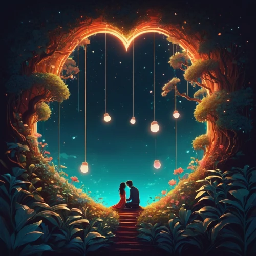 dreams catcher,the luv path,lanterns,romantic scene,lantern,the moon and the stars,wishing well,falling stars,lights serenade,hanging stars,forest of dreams,fairy lanterns,constellation lyre,fantasy picture,dream world,fireflies,enchanted,magical,two hearts,romantic night,Conceptual Art,Fantasy,Fantasy 21