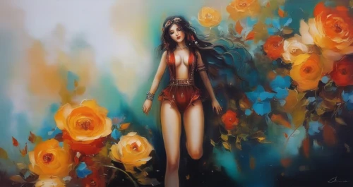 girl in flowers,beautiful girl with flowers,girl in a long,woman walking,tiger lily,boho art,flower painting,girl walking away,orange roses,girl in a long dress,girl in the garden,falling flowers,orange rose,mystical portrait of a girl,flower of passion,girl picking flowers,flower girl,kahila garland-lily,flower fairy,flora,Illustration,Paper based,Paper Based 04