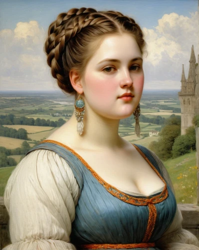 bougereau,portrait of a girl,young woman,bouguereau,girl with cloth,young lady,romantic portrait,girl in a long dress,portrait of a woman,girl in a historic way,woman holding pie,girl portrait,girl in the garden,girl with bread-and-butter,emile vernon,fantasy portrait,woman with ice-cream,franz winterhalter,girl sitting,19th century,Art,Classical Oil Painting,Classical Oil Painting 13