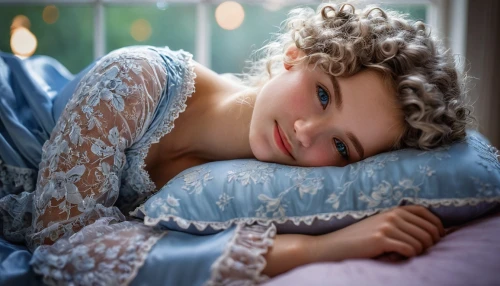 relaxed young girl,girl in bed,blue pillow,nightgown,the girl in nightie,sleeping rose,elsa,cinderella,female doll,woman on bed,bed,sleeping beauty,romantic portrait,portrait photography,the sleeping rose,realdoll,girl in cloth,girl portrait,child portrait,romantic look,Art,Classical Oil Painting,Classical Oil Painting 07