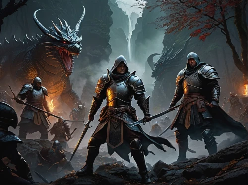 heroic fantasy,massively multiplayer online role-playing game,guards of the canyon,fantasy art,fantasy picture,dragon slayer,game illustration,witcher,dragons,games of light,northrend,hall of the fallen,game art,dragon slayers,black dragon,vikings,norse,predators,protectors,vidraru,Illustration,Japanese style,Japanese Style 18