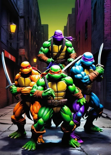 teenage mutant ninja turtles,trachemys,turtles,raphael,michelangelo,stacked turtles,patrol,swordsmen,nightshade family,tortoise,wall,fighting poses,comic characters,marvel comics,trachemys scripta,game characters,justice scale,scales of justice,game illustration,mighty,Conceptual Art,Sci-Fi,Sci-Fi 02