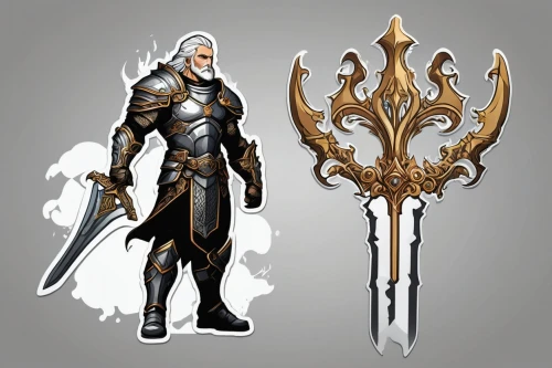 paladin,knight armor,excalibur,dane axe,the white torch,templar,king sword,scepter,torch-bearer,scabbard,scythe,concept art,thermal lance,ranged weapon,collected game assets,aesulapian staff,fantasy warrior,vax figure,alaunt,cullen skink,Unique,Design,Sticker