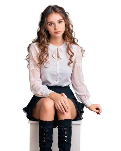 girl sitting,sitting on a chair,country dress,little girl dresses,school skirt,knee-high socks,cross legged,doll dress,women's clothing,sitting,girl on a white background,cross-legged,women clothes,ladies clothes,white boots,relaxed young girl,cute clothes,school uniform,girl in overalls,school clothes,Conceptual Art,Oil color,Oil Color 22