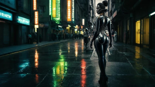 neon body painting,cyberpunk,catwoman,girl walking away,pedestrian,woman walking,walking in the rain,walking man,nerve,metropolis,dystopian,digital compositing,shinjuku,futuristic,silver rain,elongate,humanoid,alley cat,matrix,mantis