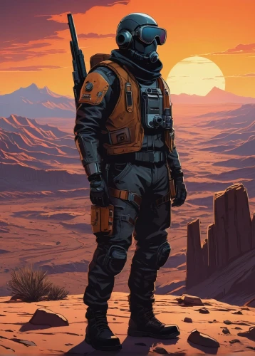 spacesuit,sci fiction illustration,mission to mars,desert planet,cg artwork,desert background,explorer,sci fi,dusk background,sci - fi,sci-fi,space suit,red planet,martian,astronaut,dune,desert,space-suit,boba fett,scifi,Illustration,Vector,Vector 10