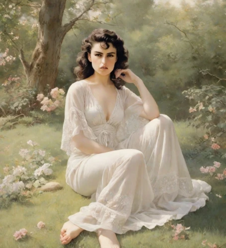 bouguereau,girl in the garden,emile vernon,woman sitting,young woman,girl in flowers,girl lying on the grass,white lady,girl in a long dress,vintage female portrait,the magdalene,portrait of a girl,romantic portrait,young lady,idyll,girl in cloth,girl sitting,fantasy woman,girl picking flowers,girl with cloth