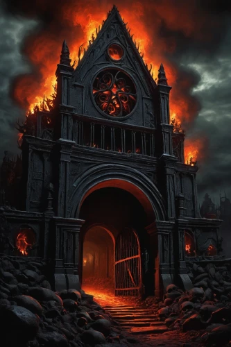 door to hell,haunted cathedral,blood church,mortuary temple,haunted castle,the haunted house,purgatory,haunted house,portal,hall of the fallen,heaven gate,the threshold of the house,heaven and hell,ghost castle,the conflagration,iron gate,inferno,witch's house,dark art,burning house,Illustration,Realistic Fantasy,Realistic Fantasy 31