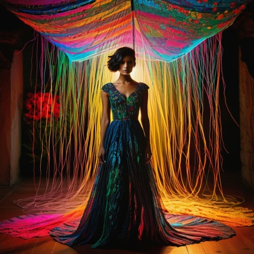 fairy peacock,peacock,drawing with light,colorful light,quinceañera,colorful,colored lights,ball gown,girl in a long dress,raw silk,quetzal,sari,prism ball,guatemalan quetzal,flamenco,gown,hula,veil,cocktail dress,a curtain,Illustration,Abstract Fantasy,Abstract Fantasy 01