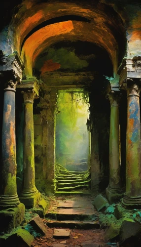 pillars,ruins,mausoleum ruins,columns,catacombs,artemis temple,cistern,ruin,chamber,world digital painting,ancient city,pillar,hall of the fallen,digital painting,ancient buildings,tombs,church painting,ancient,sanctuary,lost place,Conceptual Art,Oil color,Oil Color 20