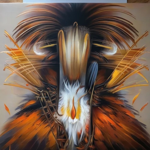 phoenix rooster,indigenous painting,oil painting on canvas,fire artist,bird of paradise,rooster head,oil on canvas,echidna,painting technique,flame spirit,bird-of-paradise,plume,exploding head,hawk feather,glass painting,oil painting,eagle head,garuda,phoenix,bird painting,Illustration,Paper based,Paper Based 04