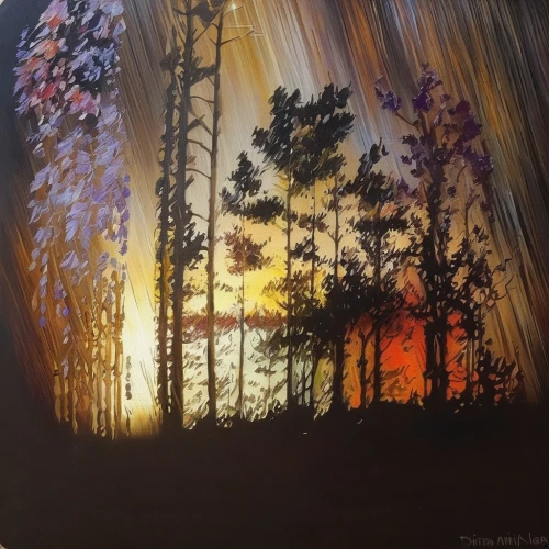 forest landscape,forest fire,trees with stitching,glass painting,birch forest,pine forest,autumn forest,night scene,pine trees,coniferous forest,deciduous forest,forest of dreams,autumn landscape,mixed forest,autumn trees,forest background,carol colman,art painting,northernlight,forest glade,Illustration,Paper based,Paper Based 04