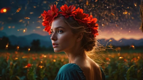 girl in flowers,beautiful girl with flowers,mystical portrait of a girl,digital compositing,faery,photo manipulation,fae,the night of kupala,girl in a wreath,flower fairy,fantasy picture,jessamine,photomanipulation,fantasy portrait,elven flower,falling flowers,fire flower,fireflies,photoshop manipulation,romantic portrait