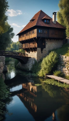 water mill,old mill,fisherman's house,transylvania,dutch mill,bohemia,bamberg,nuremberg,mill,moated castle,boathouse,medieval,medieval castle,house by the water,house with lake,idyllic,rathauskeller,render,escher village,lower franconia,Conceptual Art,Fantasy,Fantasy 14