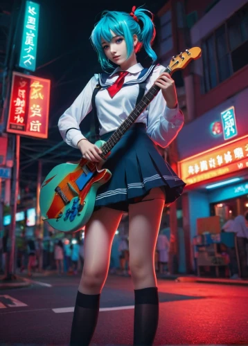 hatsune miku,miku,electric guitar,guitar,vocaloid,guitar player,rei ayanami,bass guitar,electric bass,transistor,concert guitar,epiphone,japanese idol,jazz guitarist,anime 3d,ukulele,noodle image,anime japanese clothing,bass violin,anime girl,Art,Artistic Painting,Artistic Painting 29