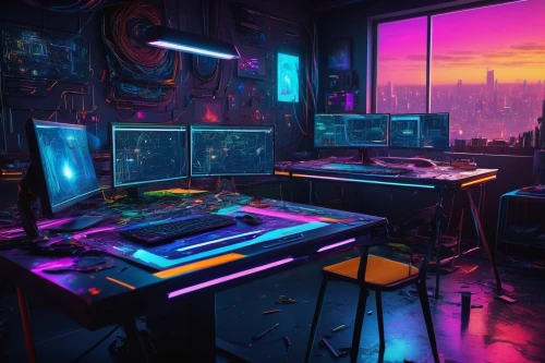 computer room,cyberpunk,computer desk,computer workstation,music workstation,game room,neon coffee,working space,desk,computer,computer art,study room,aesthetic,creative office,80's design,80s,the server room,neon,workspace,neon light,Illustration,Paper based,Paper Based 19