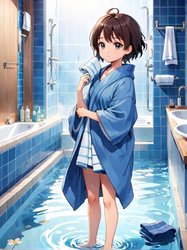 taking a bath,bathrobe,bath,haruhi suzumiya sos brigade,towel,washing,bathing,water bath,towels,kiribath,bathing fun,honmei choco,in a towel,shower,miku maekawa,wash,yuki nagato sos brigade,bathroom,shower base,spark of shower,Anime,Anime,Realistic