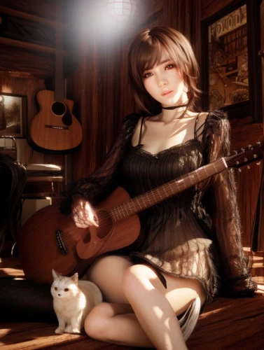 guitar,guitar player,playing the guitar,musician,concert guitar,acoustic guitar,artist doll,guitar accessory,serenade,cat's cafe,dulcimer,classical guitar,guitarist,doll cat,woman playing,live music,string instrument,ritriver and the cat,music fantasy,music world