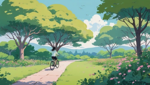 bicycle ride,bike ride,biking,bike riding,stroll,bike path,cycling,bicycle riding,bicycle path,bicycle,bicycling,springtime background,floral bike,summer day,trail,cyclist,bicycle lane,pathway,walk in a park,bike,Illustration,Japanese style,Japanese Style 06