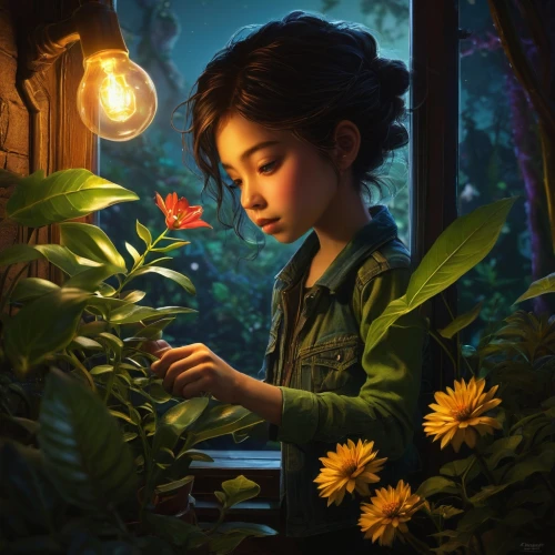 girl picking flowers,han thom,girl in flowers,girl studying,girl in the garden,mystical portrait of a girl,little girl reading,fireflies,rosa ' amber cover,romantic portrait,holding flowers,flower painting,fantasy portrait,studio ghibli,girl in a wreath,world digital painting,ikebana,beautiful girl with flowers,digital painting,mari makinami,Conceptual Art,Fantasy,Fantasy 16