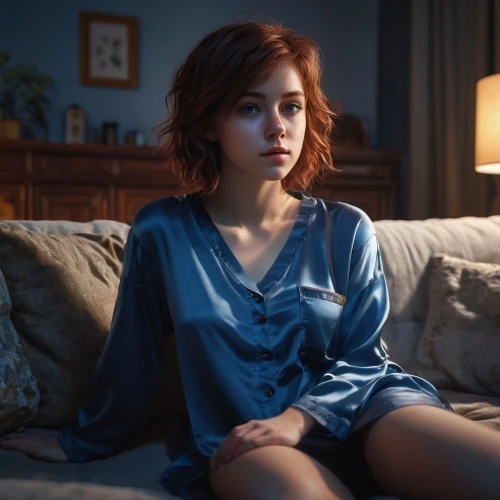 girl in bed,pajamas,woman on bed,nightgown,girl in t-shirt,in a shirt,the girl in nightie,pjs,sofa,teen,blue pillow,tee,nora,nightwear,blue room,blue hour,bed,girl sitting,scene lighting,young woman,Conceptual Art,Fantasy,Fantasy 16