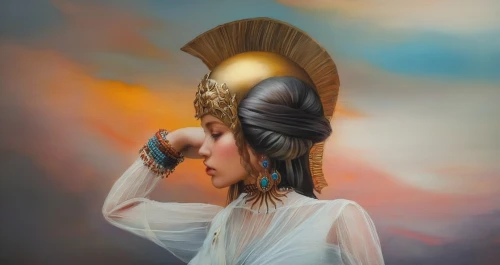 the hat of the woman,headdress,cleopatra,fantasy portrait,woman's hat,conical hat,asian conical hat,headpiece,ancient egyptian girl,horn of amaltheia,mystical portrait of a girl,feather headdress,kokoshnik,fantasy art,the hat-female,indian headdress,golden crown,athena,surrealistic,priestess,Illustration,Paper based,Paper Based 04