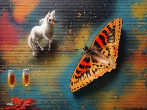 whimsical animals,butterfly background,isolated butterfly,butterfly isolated,chasing butterflies,butterflies,unicorn art,moths and butterflies,orange butterfly,oil painting on canvas,butterfly effect,metamorphosis,fauna,rainbow butterflies,butterfly,lepidoptera,surrealism,painting technique,oil painting,graffiti art,Illustration,Paper based,Paper Based 04