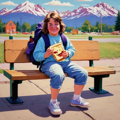 girl with bread-and-butter,woman holding pie,girl with cereal bowl,woman with ice-cream,man on a bench,park bench,girl sitting,woman sitting,lunchbox,lori mountain,american-pie,woman eating apple,1980s,1980's,girl holding a sign,girl scouts of the usa,school benches,child with a book,agnes,girl in overalls,Unique,Pixel,Pixel 04