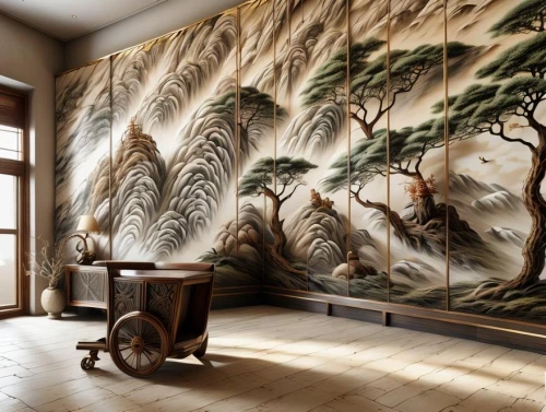 wall painting,patterned wood decoration,japanese-style room,wall decoration,bamboo curtain,oriental painting,wall plaster,danish room,interior decoration,intensely green hornbeam wallpaper,interior decor,casa fuster hotel,murals,great room,wooden wall,contemporary decor,tiled wall,wall paint,chinese screen,japanese art