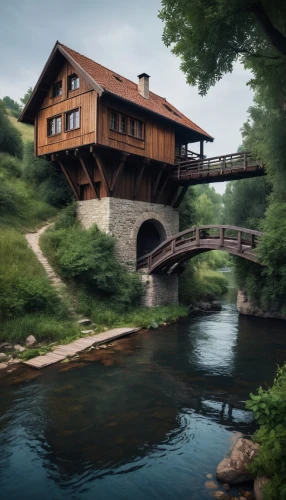 wooden bridge,water mill,house by the water,house in the mountains,house in mountains,old mill,fisherman's house,log bridge,covered bridge,idyllic,house with lake,dragon bridge,scenic bridge,humpback bridge,world digital painting,wooden house,dutch mill,bridge,river side,the cabin in the mountains,Conceptual Art,Fantasy,Fantasy 14