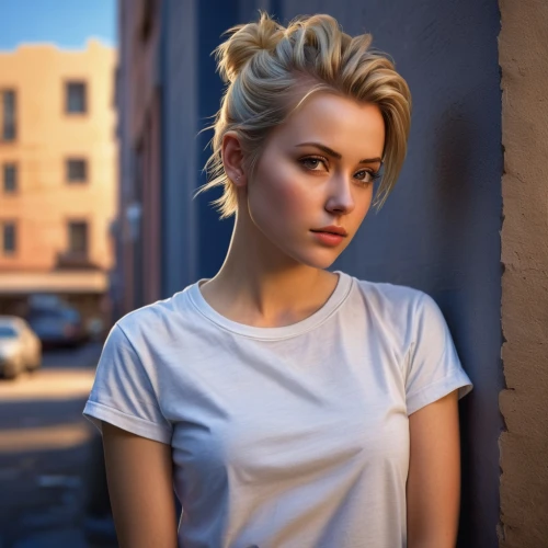 wallis day,pixie-bob,girl in t-shirt,cotton top,in a shirt,short blond hair,portrait background,elsa,white shirt,blonde woman,pixie cut,hollywood actress,semi-profile,female hollywood actress,jena,tee,tshirt,girl portrait,attractive woman,clementine,Conceptual Art,Sci-Fi,Sci-Fi 15