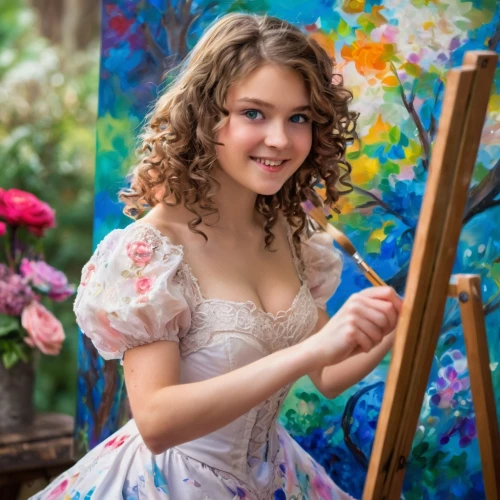 flower painting,girl in flowers,portrait of a girl,painting technique,girl in the garden,italian painter,painting,artist portrait,art painting,girl picking flowers,painter,photo painting,meticulous painting,beautiful girl with flowers,fabric painting,a girl in a dress,painter doll,girl portrait,girl in a long dress,girl with cloth,Conceptual Art,Fantasy,Fantasy 26