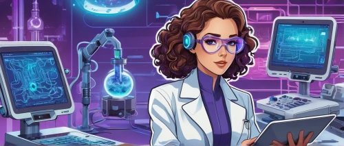 female doctor,sci fiction illustration,women in technology,scientist,pathologist,theoretician physician,biologist,laboratory information,chemist,researcher,electronic medical record,sci fi surgery room,microbiologist,laboratory,cartoon doctor,medical technology,medical illustration,biosamples icon,laboratory equipment,forensic science,Unique,Design,Sticker