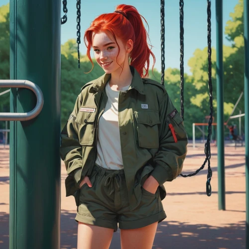 parka,jacket,jean jacket,girl in overalls,green jacket,overalls,tracksuit,retro girl,asuka langley soryu,park,windbreaker,digital painting,summer coat,50s,red-haired,girl portrait,cg artwork,bolero jacket,denim jacket,school uniform,Conceptual Art,Fantasy,Fantasy 32