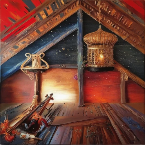 telescope,traditional chinese musical instruments,dulcimer,traditional vietnamese musical instruments,music instruments on table,straw hut,astronomer,musical instrument,khokhloma painting,folk instrument,red barn,meticulous painting,musical instruments,attic,harp of falcon eastern,wooden hut,wooden instrument,bowed string instrument,cuckoo clock,harp player,Illustration,Paper based,Paper Based 04