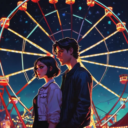 ferris wheel,carousel,amusement park,vintage boy and girl,high wheel,santa monica pier,luna park,romantic portrait,the moon and the stars,digital painting,connections,falling stars,coney island,funfair,young couple,honeymoon,digital illustration,rosa ' amber cover,big wheel,boardwalk,Conceptual Art,Fantasy,Fantasy 19