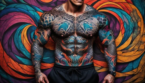 bodypainting,body painting,neon body painting,bodypaint,body art,merman,tattooed,belly painting,aquaman,psychedelic art,tattoos,sleeve,with tattoo,austin stirling,ink,tattoo artist,danila bagrov,poseidon,tattoo expo,dr. manhattan,Illustration,Realistic Fantasy,Realistic Fantasy 41