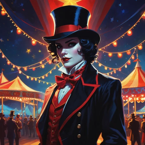 ringmaster,circus tent,big top,circus,magician,hatter,carnival tent,top hat,circus show,neon carnival brasil,aristocrat,the victorian era,vaudeville,gambler,black hat,cabaret,stovepipe hat,carnival,cirque,hans christian andersen,Conceptual Art,Fantasy,Fantasy 19