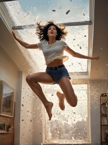 falling objects,leap for joy,sprint woman,flying girl,falling,window released,flying seed,flying seeds,dandelion flying,gravity,on the ceiling,flying dandelions,weightless,relativity,fly,zero gravity,leap,leaping,digital compositing,jumping,Photography,General,Cinematic