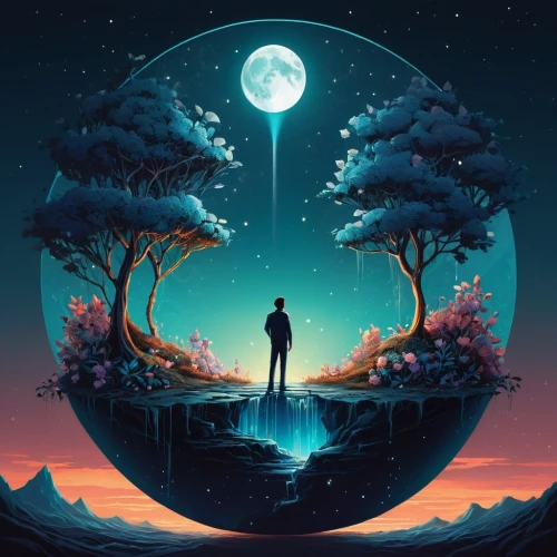 equilibrium,hanging moon,nature and man,phase of the moon,music background,the earth,earth rise,libra,tree of life,circle around tree,astral traveler,lunar,sci fiction illustration,zodiac sign libra,little planet,moon phase,magic tree,big moon,mother earth,dreams catcher,Conceptual Art,Fantasy,Fantasy 21