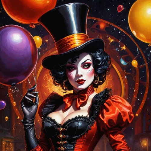 ringmaster,queen of hearts,red balloon,vampire woman,magician,vampire lady,vampira,hatter,red balloons,harley,halloween witch,maraschino,halloween illustration,victorian lady,black hat,la catrina,masquerade,transistor,fire-eater,steampunk,Conceptual Art,Fantasy,Fantasy 15