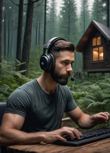 forest workplace,wireless headset,remote work,digital nomads,man with a computer,wireless headphones,farmer in the woods,wooden sauna,forest background,listening to music,work from home,distance-learning,music background,small cabin,music workstation,content writers,headset,forest man,computer addiction,nature and man,Illustration,Abstract Fantasy,Abstract Fantasy 05